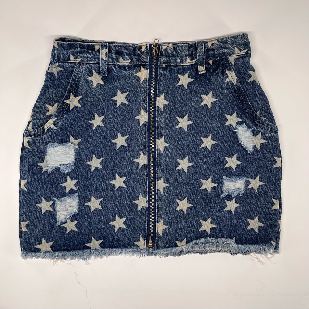 Superdown Denim Star Print Zip-Front Mini Skirt Blue Size Small